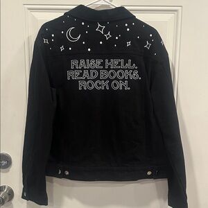 Limited edition RARE Book Babe designs Medium black denim jacket NWOT